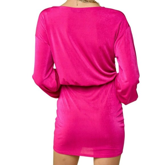 Blue Blush Tie Front Long Sleeve V-neck Mini Dress Hot Pink Size Small NWT - Picture 2 of 2